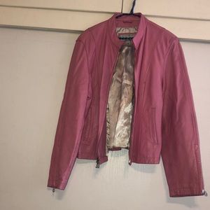 Pink leather jacket.